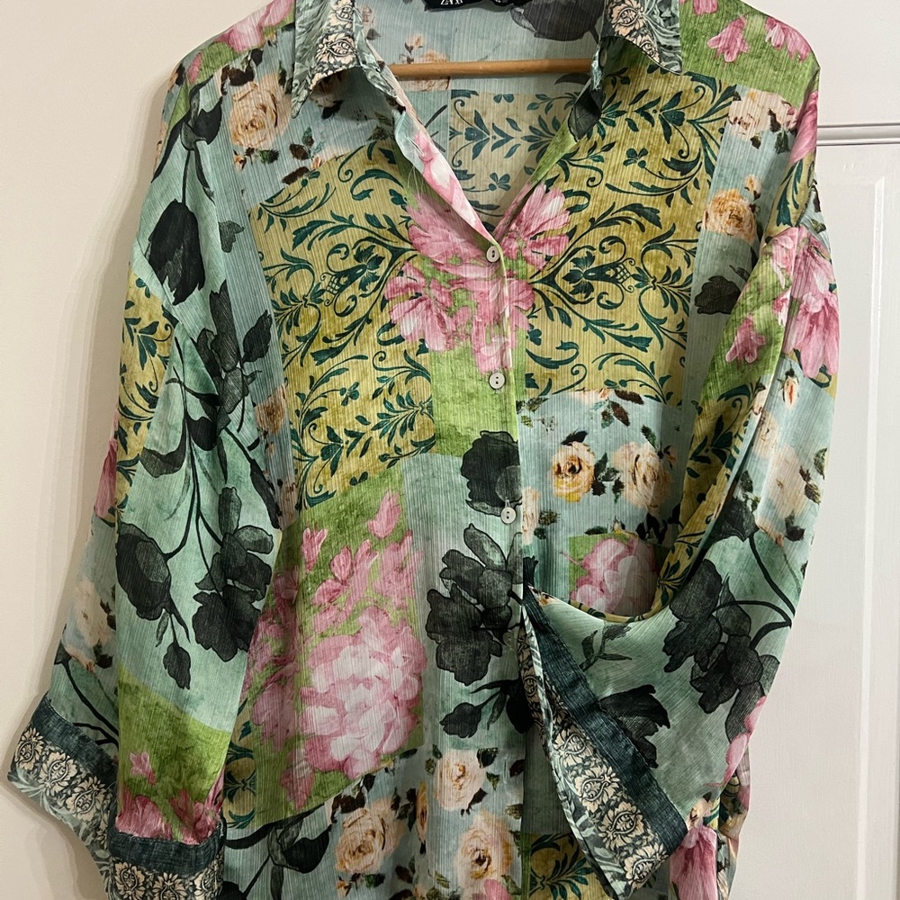 Zara Sheer Floral Patchwork Button Down Blouse Li… - image 3